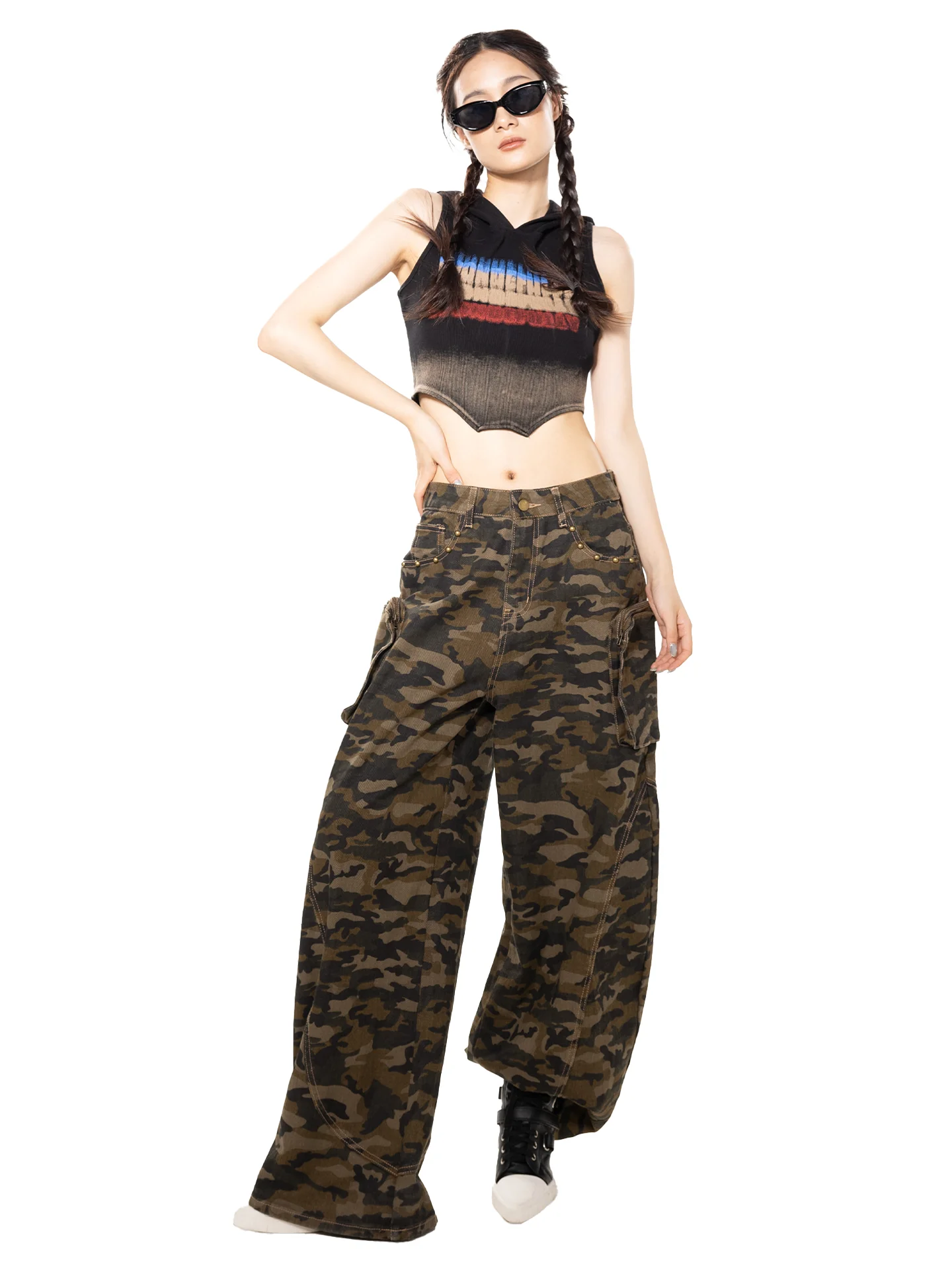 

Женские джинсы с высокой талией, свободные, широкие, в американском ретро-стиле, камуфляжные, рабочие, с множеством карманов, из хлопка, осенние, модные