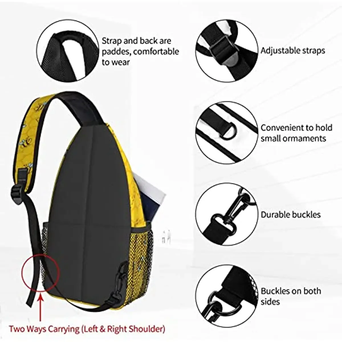 Mochila Crossbody Sling para homens e mulheres, abelha fofa dos desenhos animados, favo de mel, bolsa de peito, bolsa de ombro, ginásio, ciclismo, viagem, mochila de caminhada