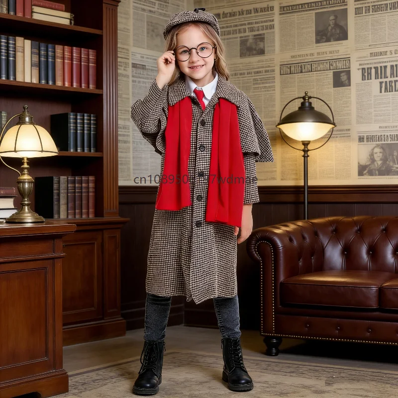

Detective Robe Costume British Style Police Helper Book Week Cosplay Party Fancy Dress Unisex Plaid Cosplay Outerwear