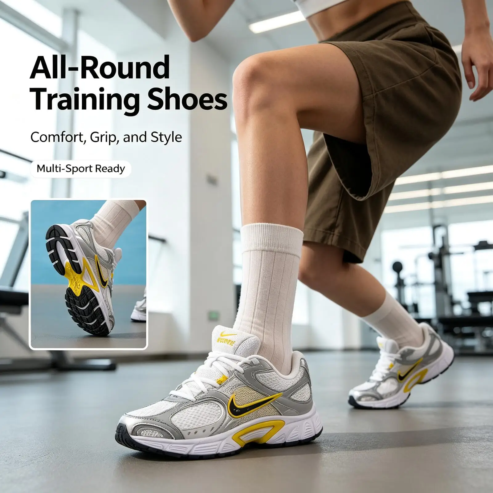 Nike Women's White Gray Yellow Training Sneakers Breathable Non-Slip Shoes Comfortable Athletic Footwear for Gym Outdoor Sports
