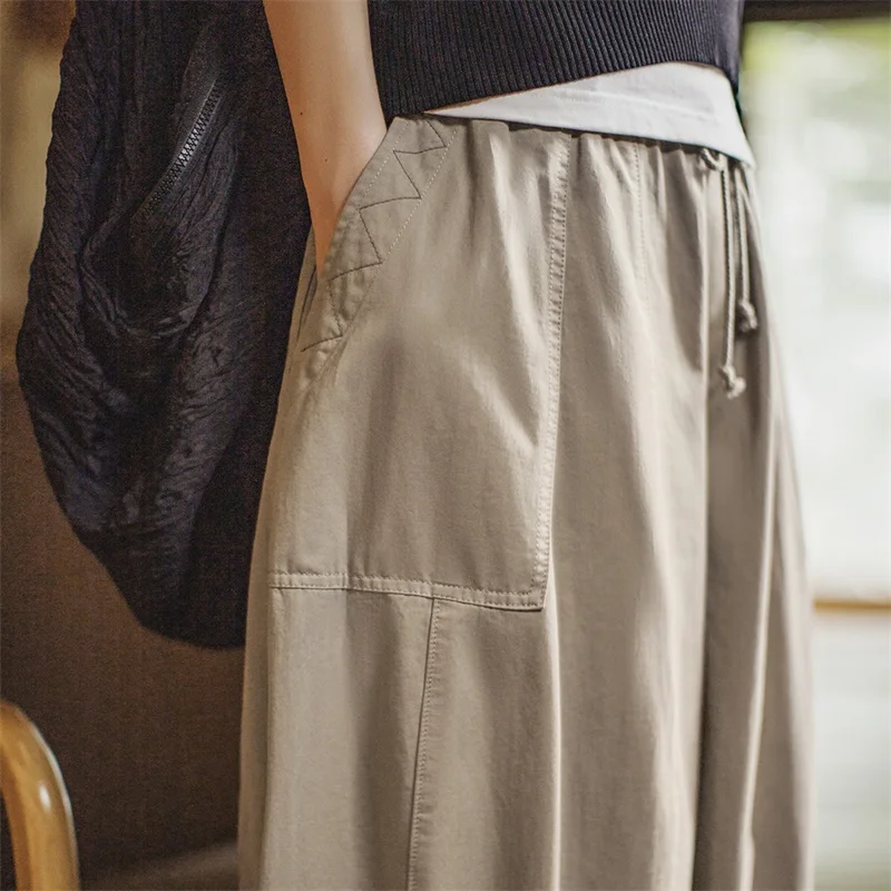 마덴 여성 캐주얼 카키 와이드 레그 바지 봄 여름 밴딩 포켓 카고 팬츠 스트릿 패션 슬리밍 바텀