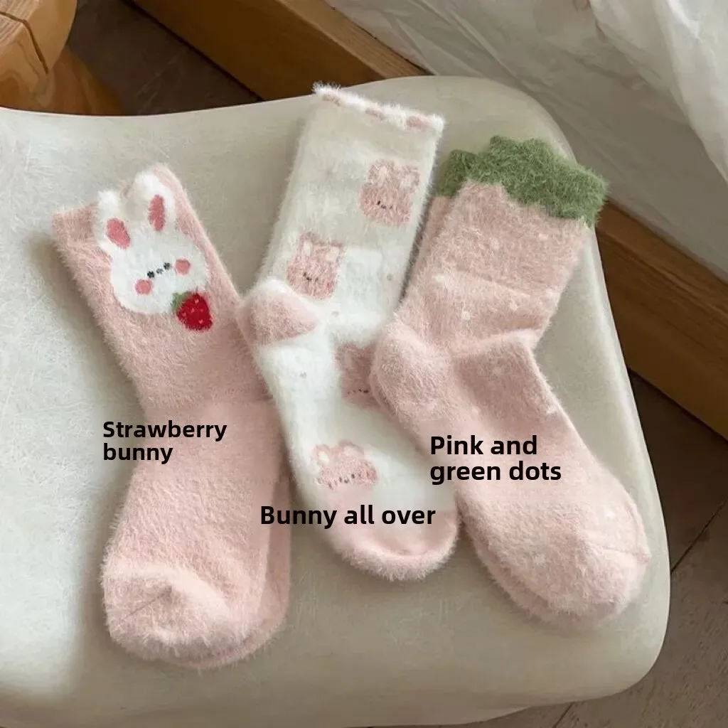 Thickened Warm Pink Rabbit Plush Socks Women's Mid-Calf Floor Socks Autumn/Winter Long Tube Sleep Socks Cute Little Rabbit Desig