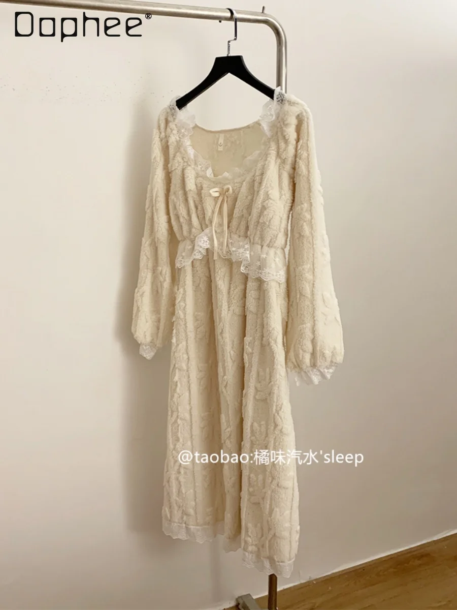 

Coral Fleece Nightgowns Lace Patchwork Women Thickened Sweet Long Sleeve A Line Dress Home Clothing Autumn and Winter