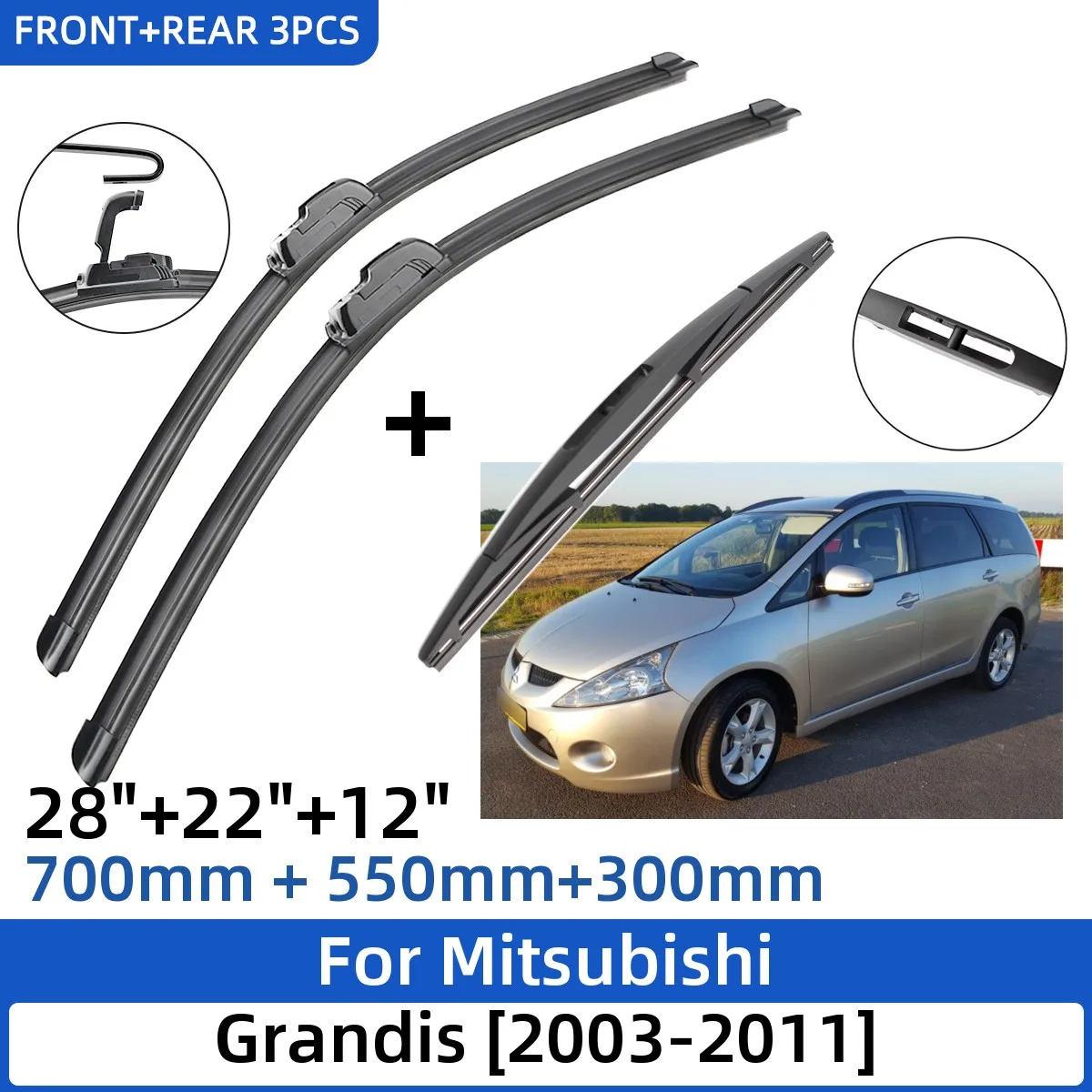 

3PCS For Mitsubishi Grandis 2003-2011 28"+22"+12" Front Rear Wiper Blades Windshield Windscreen Window Cutter Accessories 2003