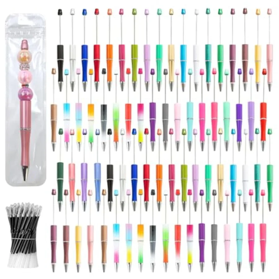 

600 Pieces Beadable Pens - 200 Plastic Beadable Pens Bulk Refills and Pen Bags Included - Beaded Pens Kit Cute Ballpoint Pens B