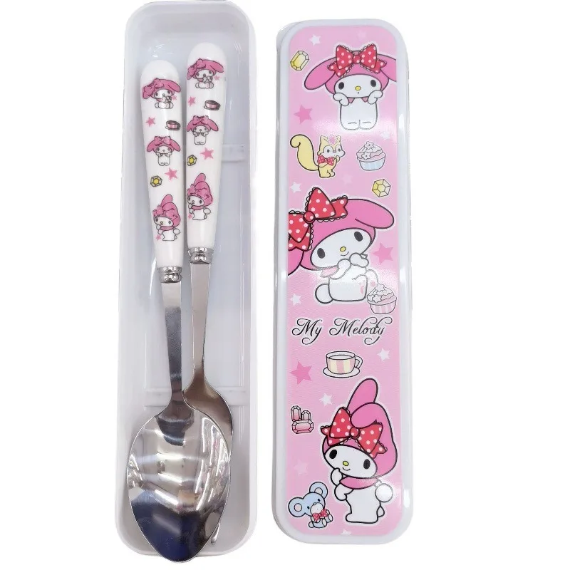 Juego de cubiertos de Hello Kitty, caja de cubiertos de Material de acero inoxidable con dibujos animados, suministros de cocina de viaje, decoración de escritorio, venta al por mayor