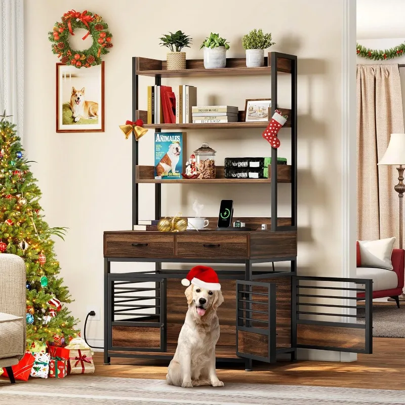 Crate Furniture with Storage Shelves, Heavy Duty Dog Crate with Drawers & Charging Station, 39 Inch Dog Kennel Indoor