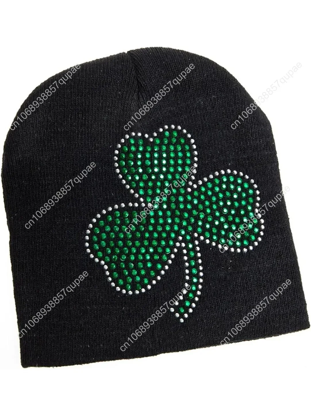 

Rhode Island Novelty St. Patcks Day Black Knit Beanie Hat with Green Rhinestone Shamrock