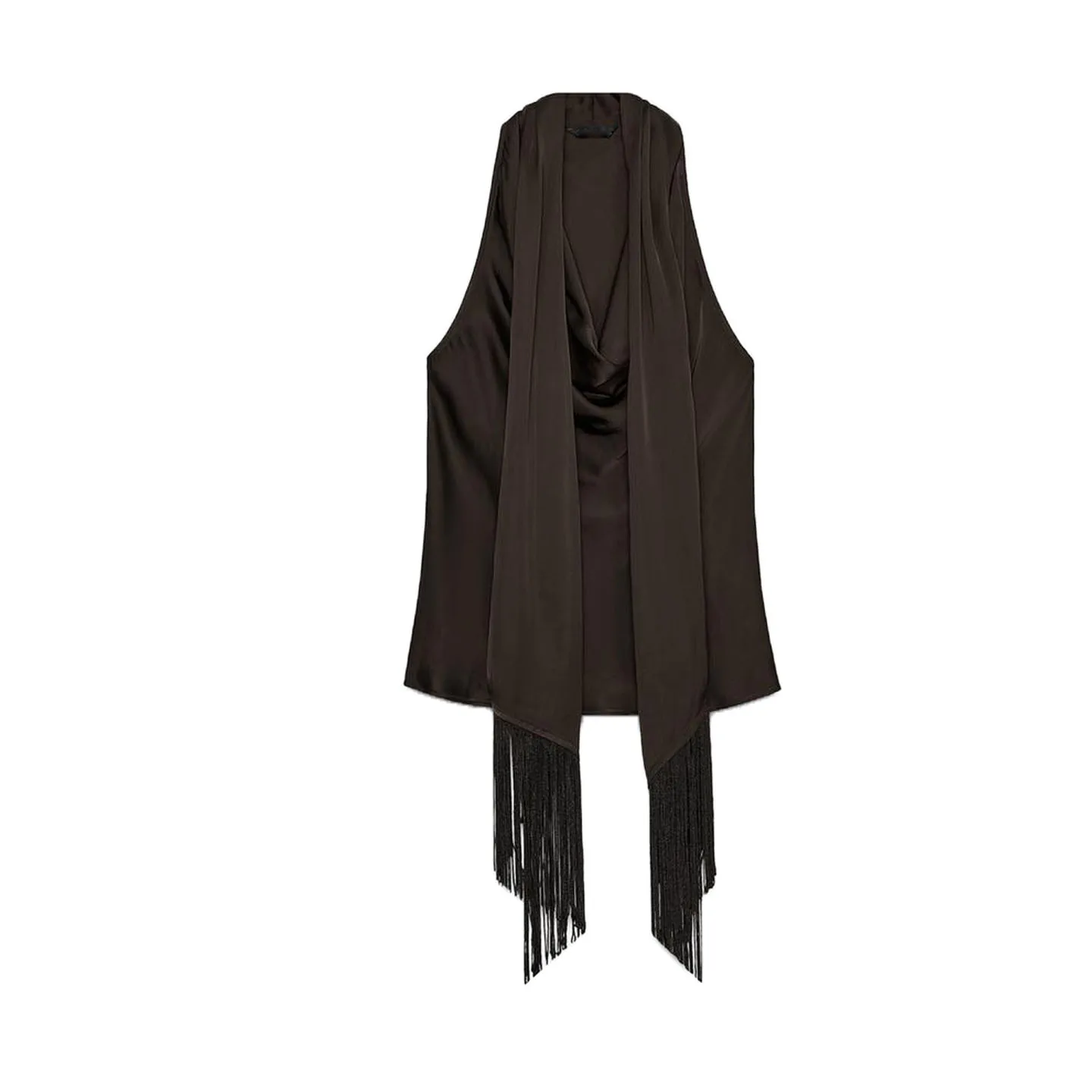 

Autumn Women's Sexy Drapey Ne Hanging Strap Tassel Decorated Silk Satin Feeling Top Polyester Fiber No Sve Women's irt