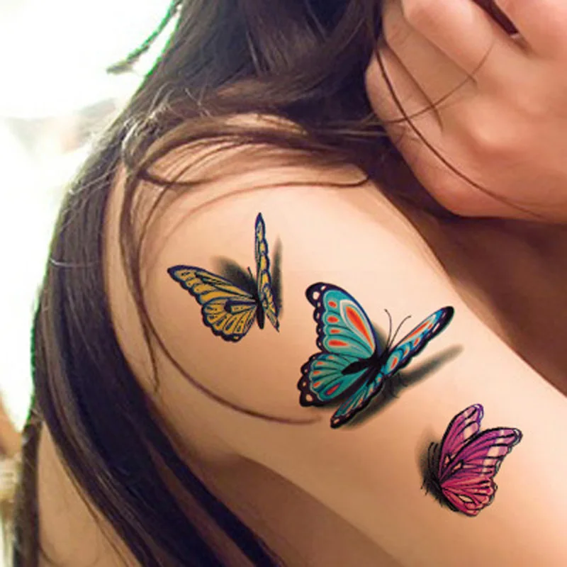 Tatuajes de mariposa 3D para mujer, pegatina temporal de arte corporal, tatuaje de pluma de flor rosa, tatuaje falso impermeable