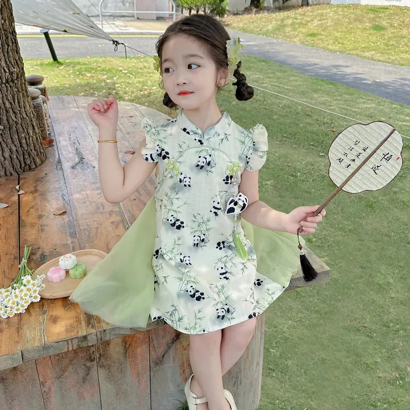 2025 Summer Kids girls Flying sleeve panda chiffon party Dresses lace Princess Children braces cheongsam qipao 5 6 7 8 10 Years