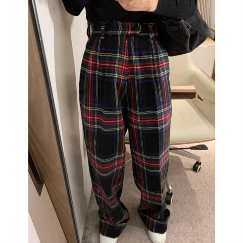 High Waist Women\'s Plaid Pants Streetwear Oversize Wide Leg thicken Woolen Trousers Korean Hip Pop Streetwear Retro Sweatpants