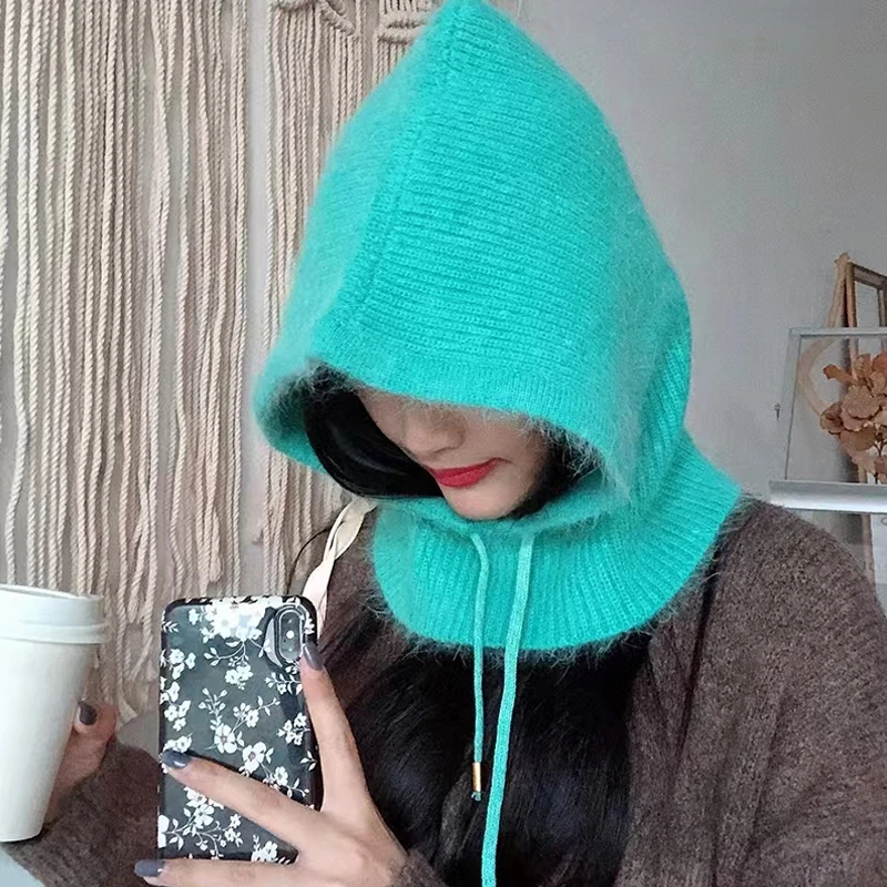 Kaninchen haar gestrickt Schal Kapuze Hut Frauen Kaschmir Mützen warmen Winter Unisex Sturmhaube Lätzchen Skifahren Outdoor Wolle Motorhaube