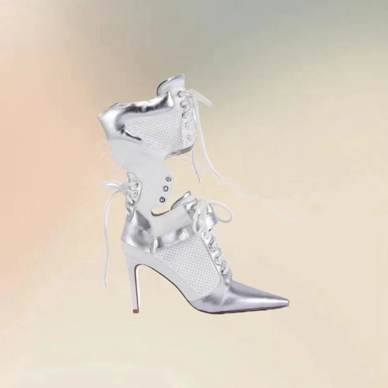 

Silver Hollow Design Breathable Pointed Toe Boots Cross Tied Women Shoes Thin High Heels Party Banquet 2024 Zapatos Para Mujere