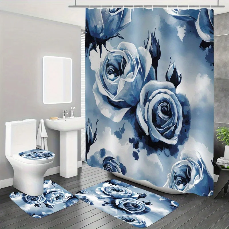 

4 шт. акварельное украшение для ванной комнаты с рисунком синей розы, полиэфирная ткань, занавеска для душа, коврик для унитаза, нескользящий коврик, U-образный коврик
