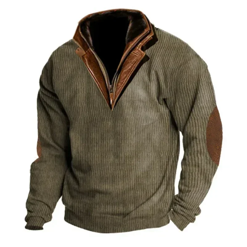 

2024 Spring Fashion Sweatshirt For Men Long Sleeve Patchwork Leather Lapel Hoodie Corduroy Sweatshirts Mens Vintage Loose Tops