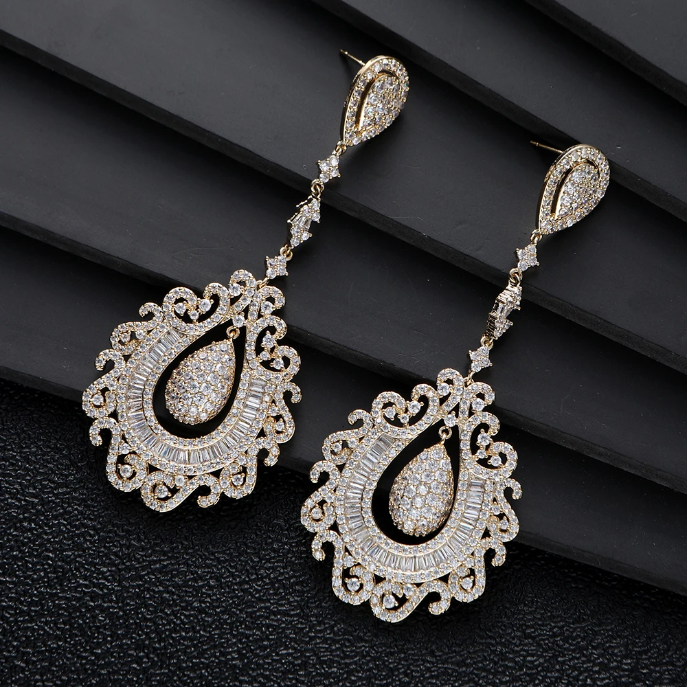 

Luxury Geometric Cubic Zircon Water Drop Earring For Women Dubai Bridal Statement Earring Aretes De Mujer Modernos E10395