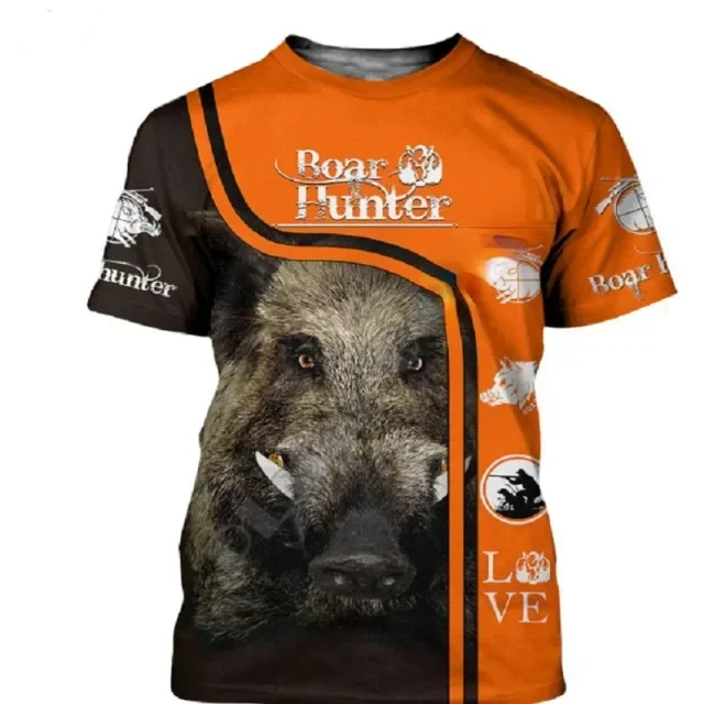 Wild Boar 3D printed T-shirt Men\'s short sleeve o collar Outdoor hunter Animal loose dry Breathable personality clothing