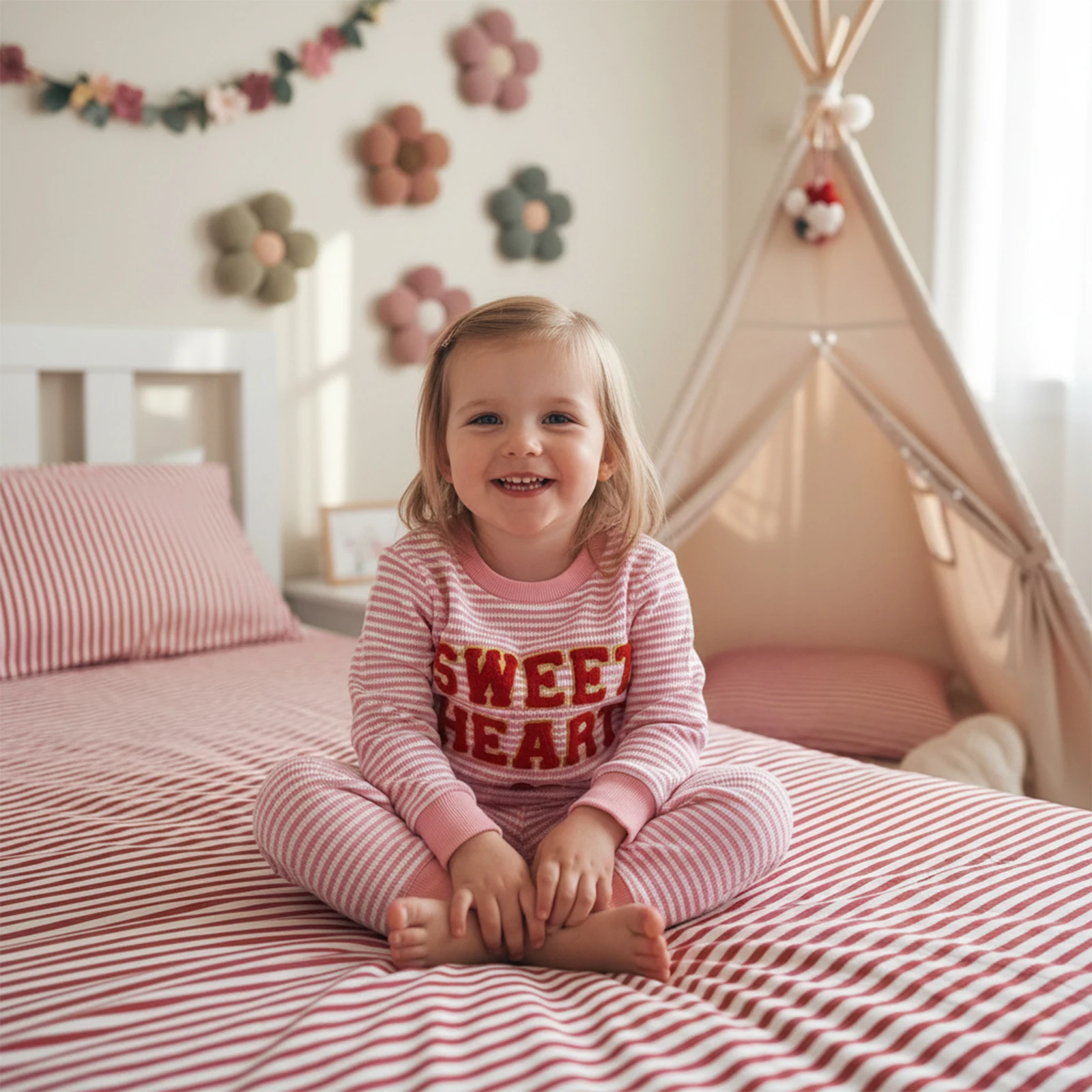 Infant Baby Girl Valentine’s Day 2Pcs Outfits Long Sleeve Stripes Fuzzy Letter Heart Sweatshirt + Pocket Pants Toddler Set