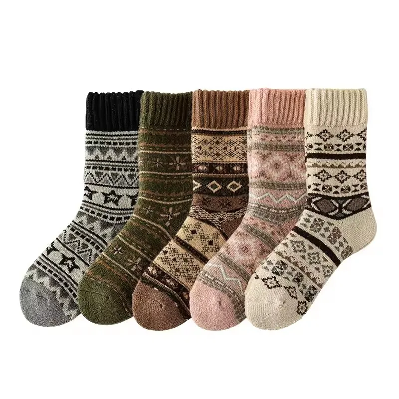 Winterwollsocken, verdickte Socken, Retro-Ethno-Stil, Paar-Stil, warme Frottee-Socken in der Mitte der Wade