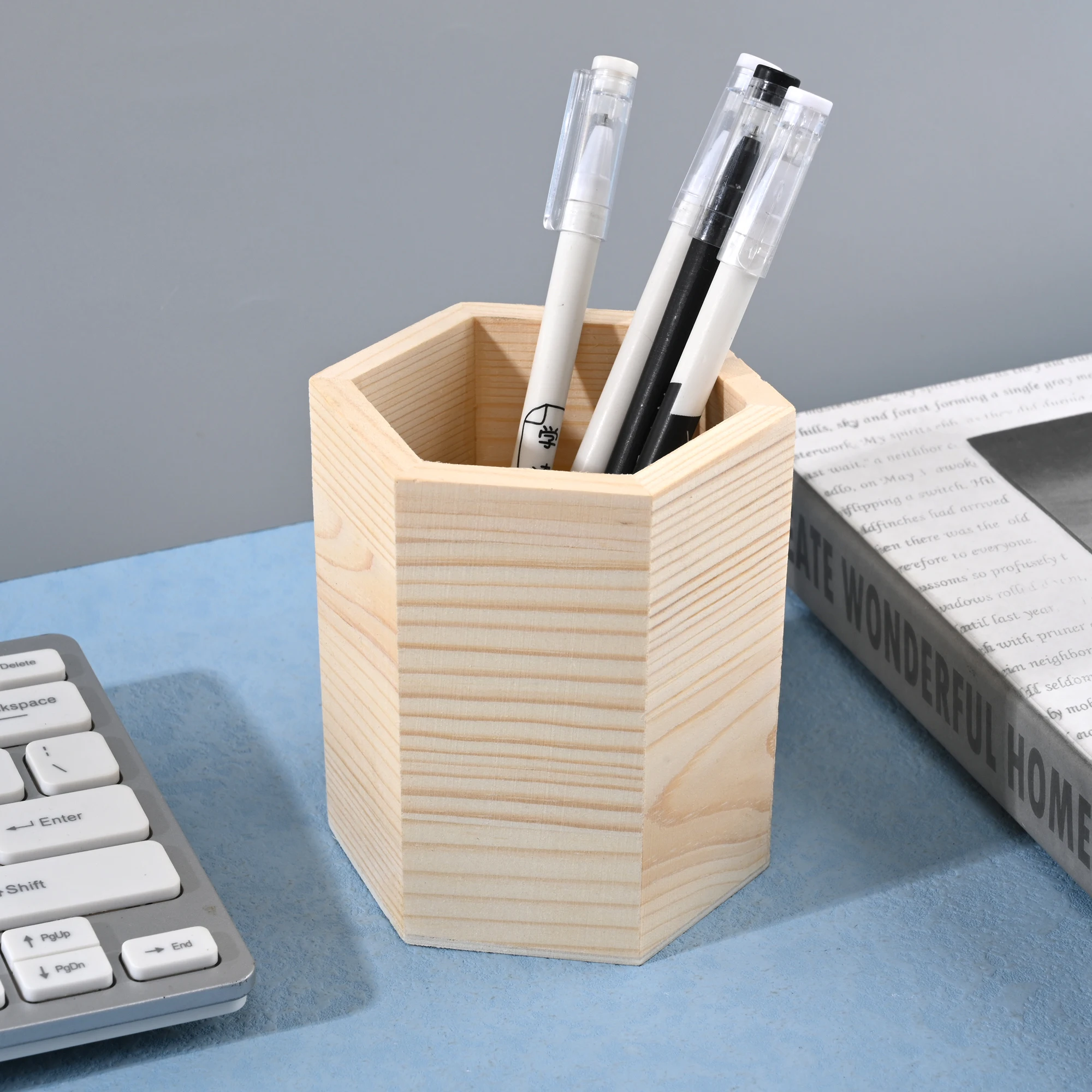 Pencil Holder Office Desk Wood Square/Round/Hexagon Pen Holder Pen Pot Cup Case Container Stationery Storage Organiser Supplies