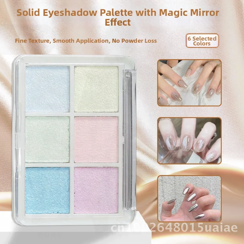 Conjunto de 6 cores de pó espelhado mágico sólido, sombra de olhos super brilhante para arte em unhas, aurora, gancho, ondulação de água, farinha dourada com esponja