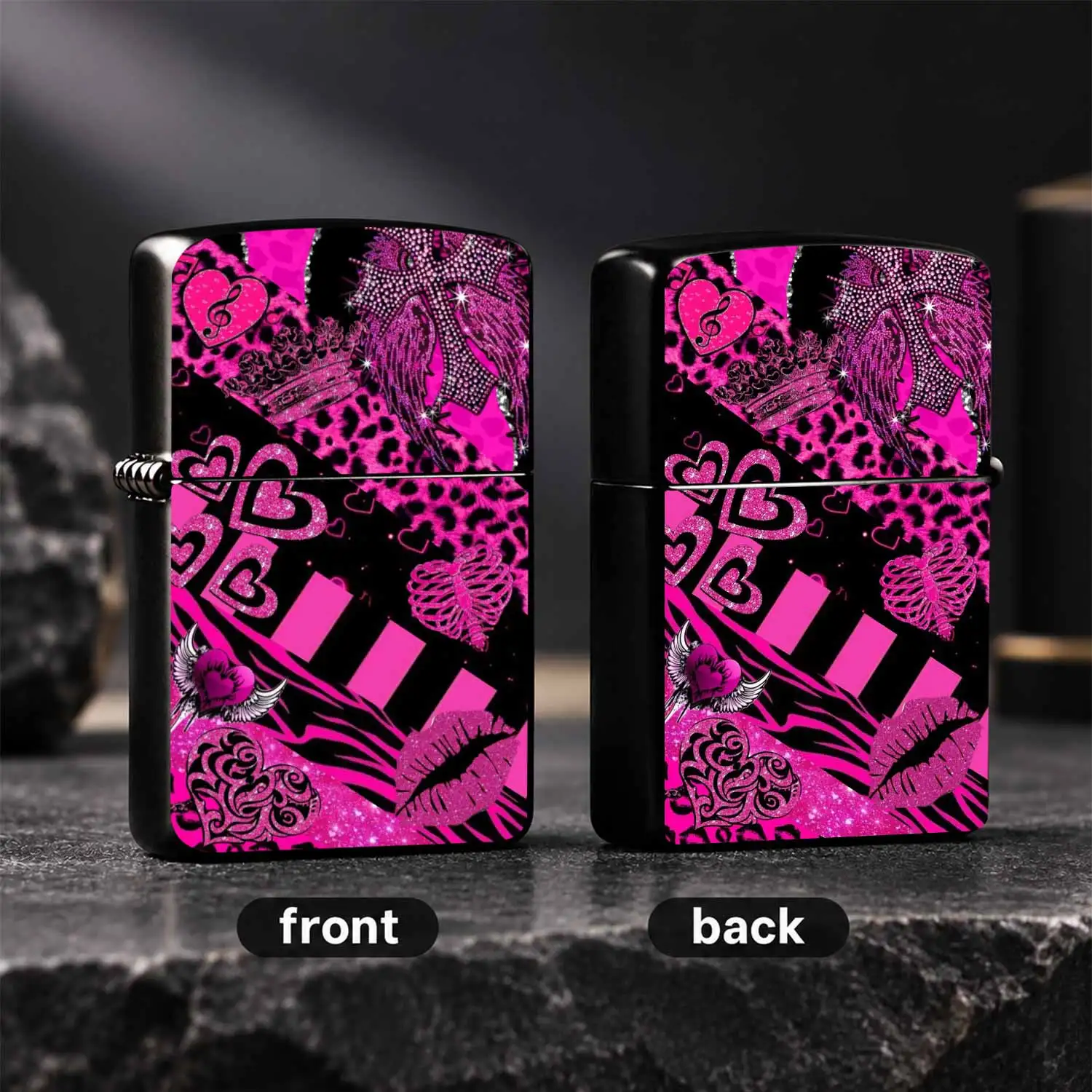 Trendy Bright Pink Leopard Zebra Print Decorative Lighter, Full Glitter Heart Crown Wing Lip Print Fashion Portable Igniter, Versatile Creative Delicate Small Item For Daily Dating Gatherings Gifting And Personal Use A Humorous And Interest