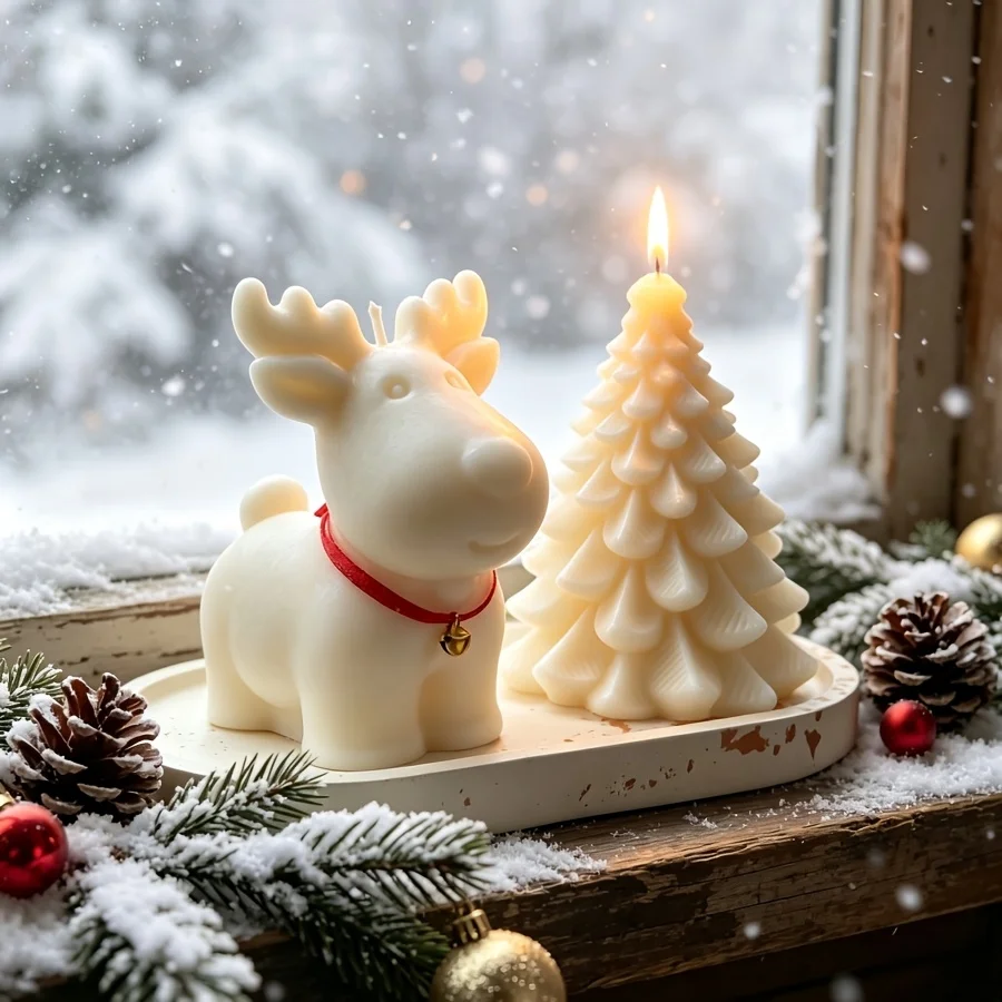 Ton-Silikonform 3-teiliges Set: Weihnachtshirsch, Weihnachtsbaum-Kerze und ovales Tablett, geeignet für die Herstellung von Epoxid-Gips-Kerzen. – Detail 3