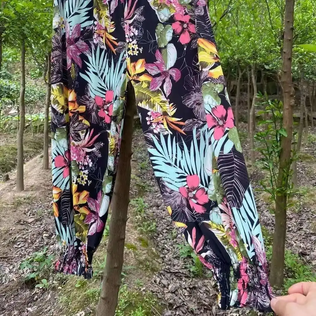 Women Harem Pants 2025 Summer Casual Vintage Printed Beach Pants Elastic High Waist  Fashion Loose Female Cropped Trousers