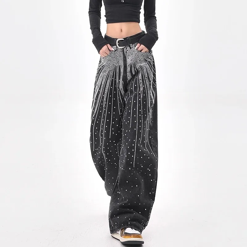 Full Rhinestone Print Washed Baggy Jeans for Women Streetwear Solid Casual Denim Trousers Loose Pants