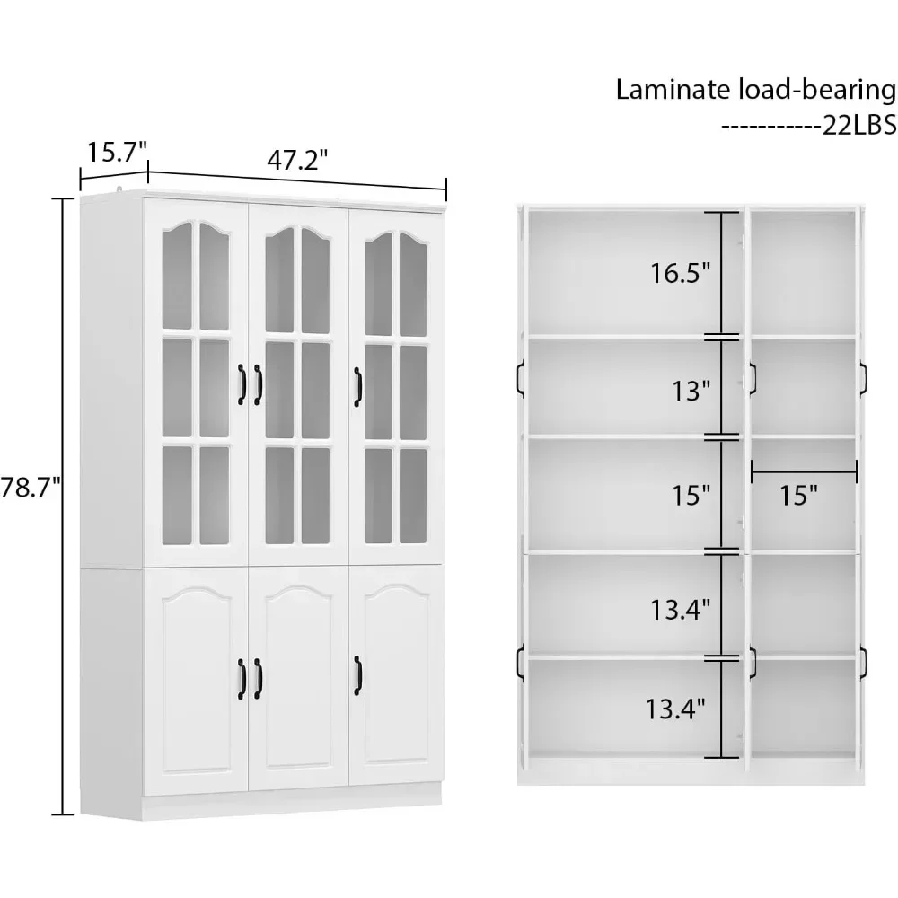 Tall Bookcase Bookshelf with 3 Carved Glass Doors, White Wooden Display Storage Cabinet with 10 Compartments for Home Office