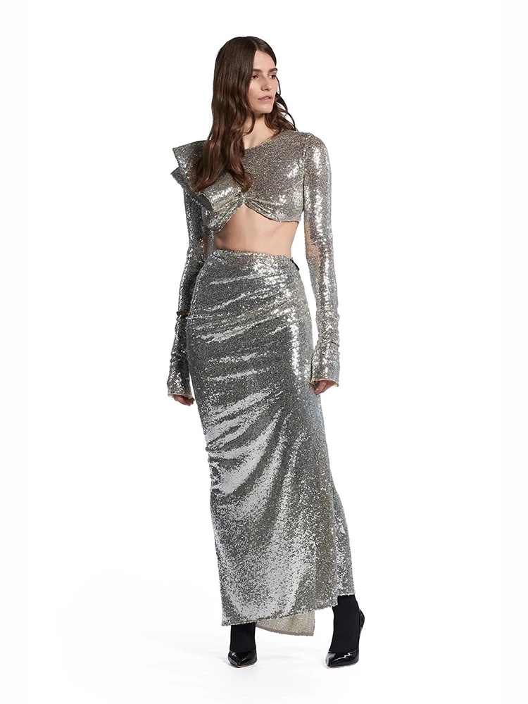 Women's Sliver Sequins Long Skirt Two Piece Set Sexy Ruffles Long Sleeve Top + Folds Slim Skirt Suits Evening Party Cocktail Set