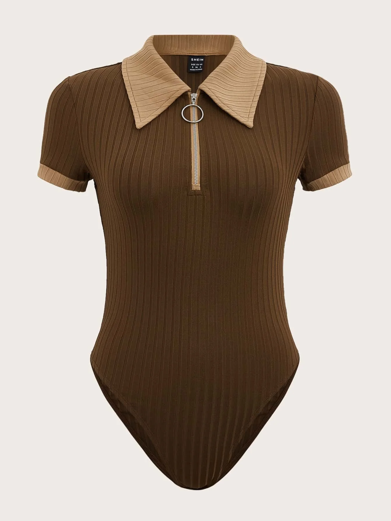 

Ribbed Contrast Collar Quarter Zip Bodysuit in Brown