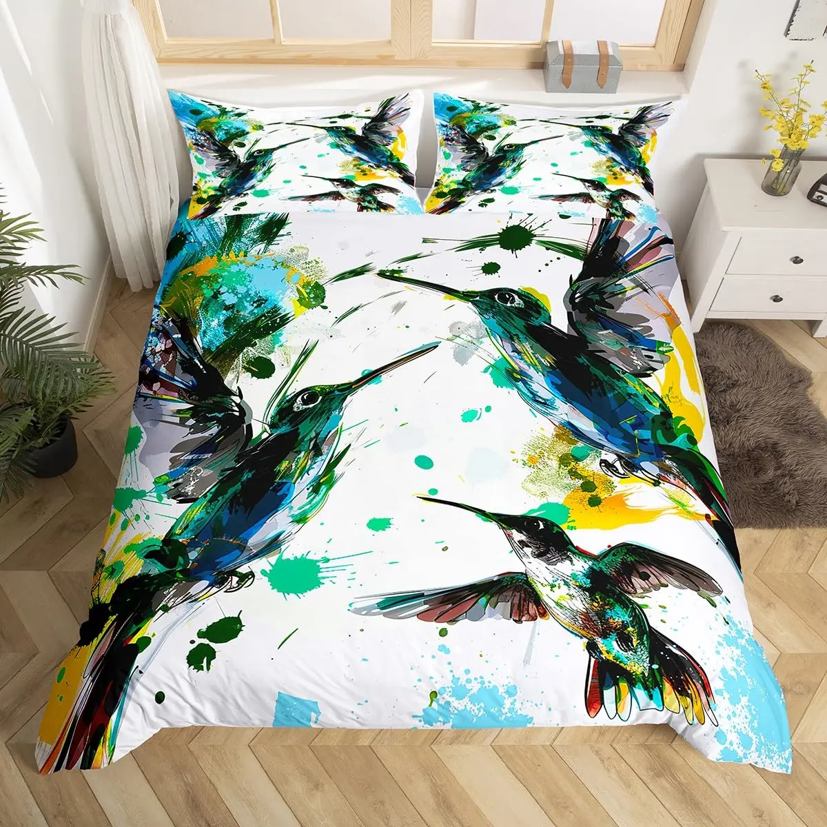 Hummingbird Bedding Set Luxury Floral Birds Duvet Cover Watercolor Nature Flower Scenery Comforter Cover Polyester Quilt Cover