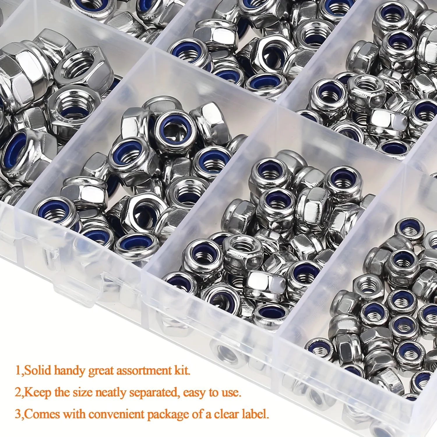 230pcs Grade A Stainless Steel Lock Nut Set with Nylon Inserts, Fully Threaded, Right Hand Thread, Anti-Loosening Design