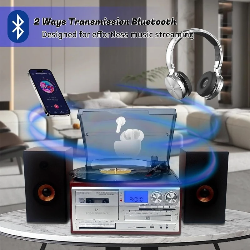 Vinyl Record Player with 15W External Speakers 10 in 1 3 Speed Bluetooth Vintage Turntable CD Cassette Player