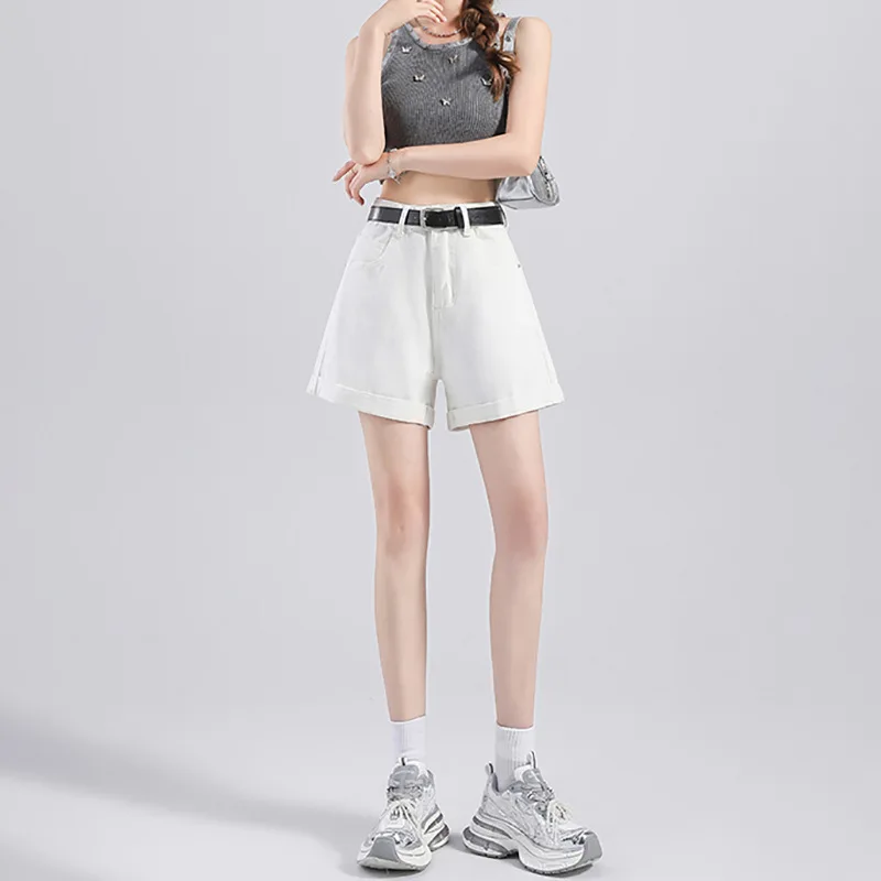 

Versatile High Waist A-Line Denim Orts Women's Summer Fashion Slimming High Waist Wide Leg Causal Pants Brand White Ort Pants