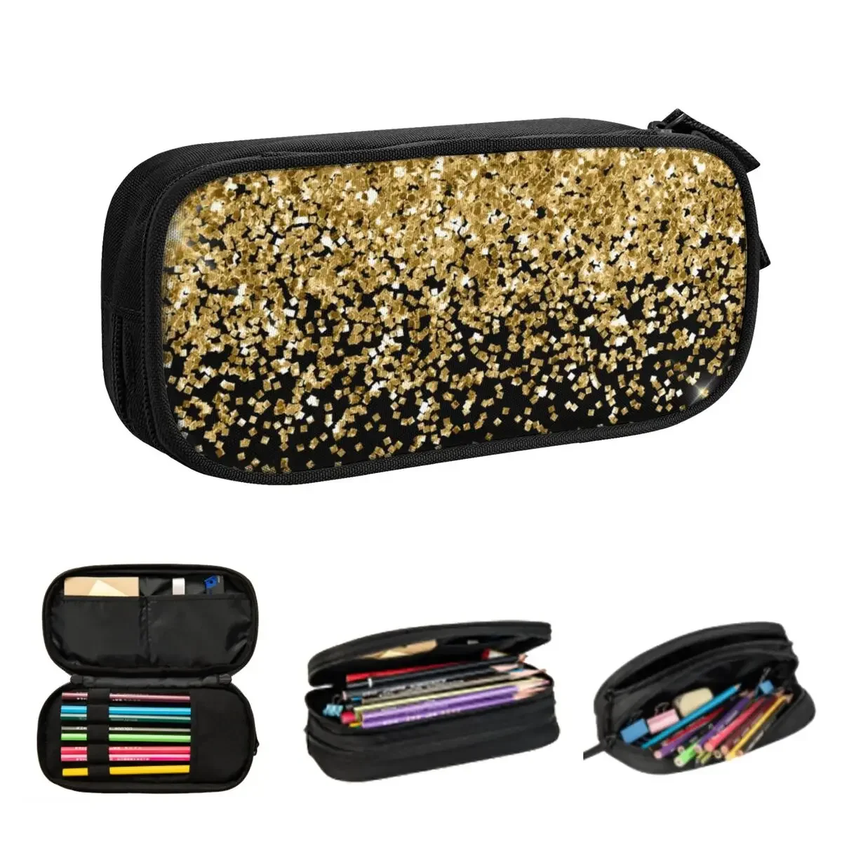 

Black And Gold Glitter Pattern Pencil Cases Large Storage Pen Bags Pen Box Pencil Pouch For Boys Girls Student Stationery School