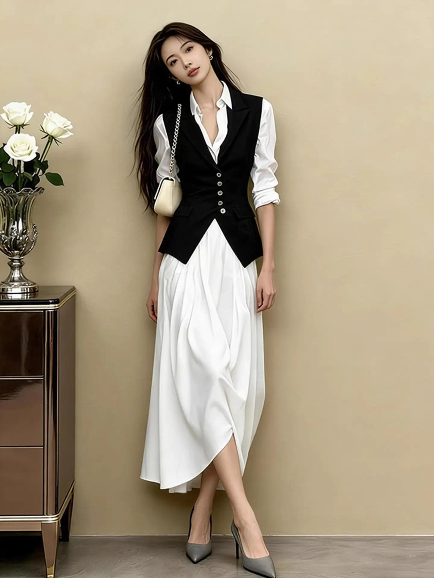 

New Spring Autumn Women's Matching Sets Fashion V-neck Sleevelss Black Vest + Lapel Long Sleeve Dress Office Lady Two Piece Set