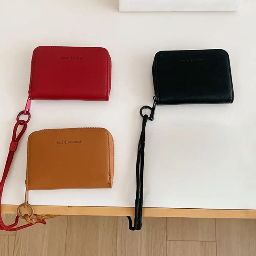 

Solid Color PU Leather Zipper Card Storage Bag Neck Lanyard Student Coin Purse ID Holder Pocket Portable Short Purse