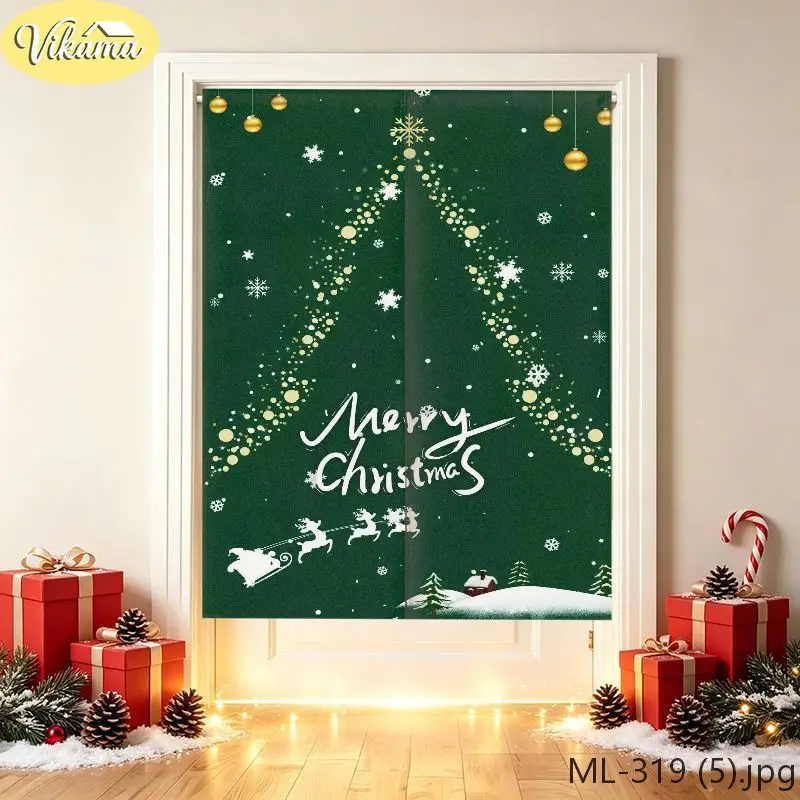 VIKAMA Merry Christmas Door Curtain Gold Dot Tree Sleigh HD Print, Easy Hang Festive Door Cover, Winter Holiday Decor