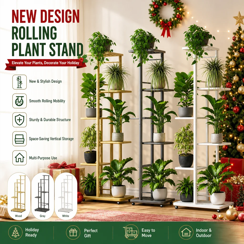 Tall Plant Stand with Lockable Wheels, Metal Rolling Plant Shelf, Multi-Layer Plant Organizer for Multiple Plants