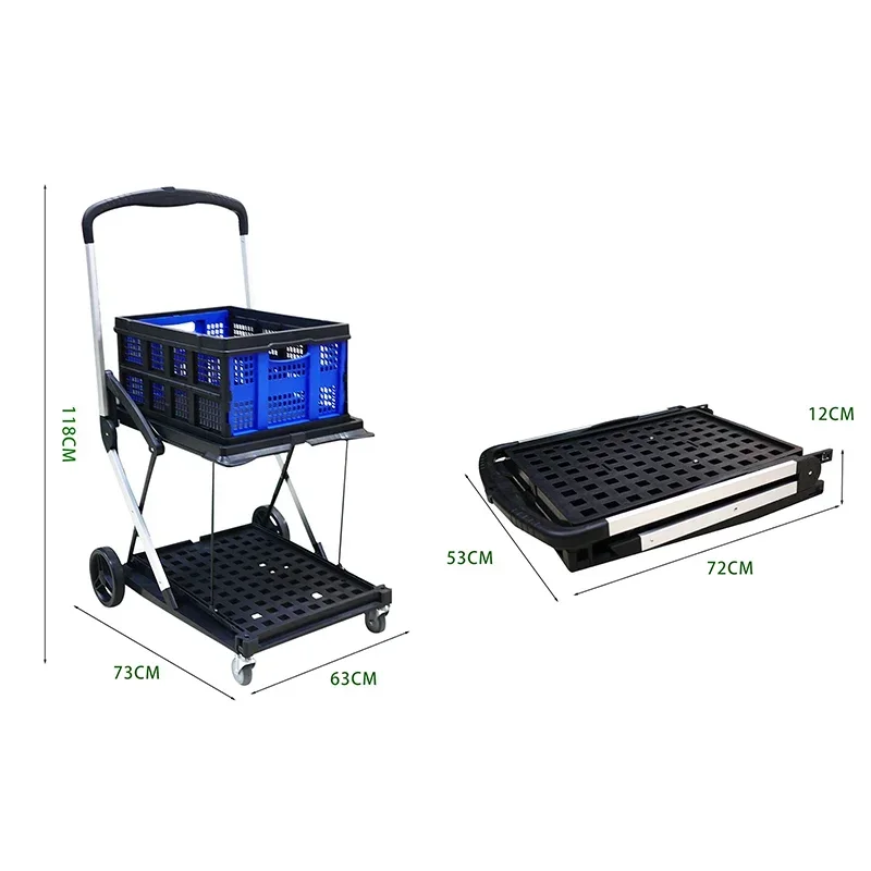 Multi-Use 2-Tier Folding 198 lbs Capacity Collapsible Utility Storage Cart with Wheels for Grocery Luggage Moving Office Use