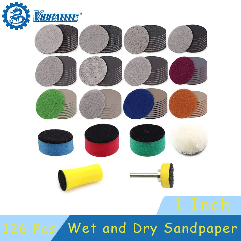 

Wet and Dry Sandpaper 126 Pcs Assorted 60-10000 Grit 1 Inch Hook and Loop with Backing Pads for Polishing Wood and Metal