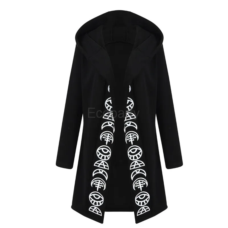 New Women\'s Vintage Punk Cardigan Hoodie Jacket Black Moon Printed Long Sleeved Witch Cosplay Hooded Sweater Lady Gothic Outwear