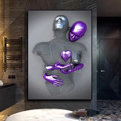 Abstract 3D Romantic Lover Metal Figure Statue Canvas Painting Posters Prints Wall Art Picture For Living Room Decor Home Decor
