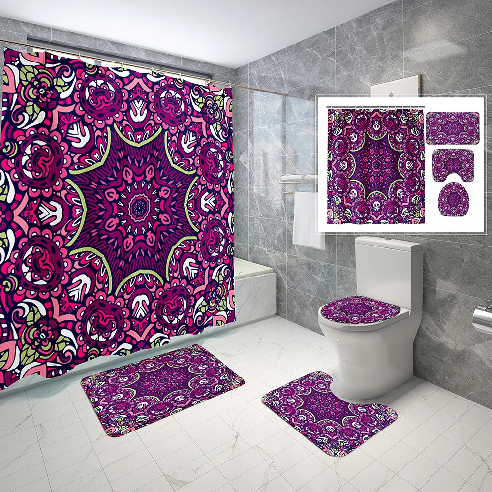 

Colorful Geometric Mandala Shower Curtain Set with Hooks Non-Slip Rug Toilet Cover Bath Mat Waterproof Fabric Bathroom Screens