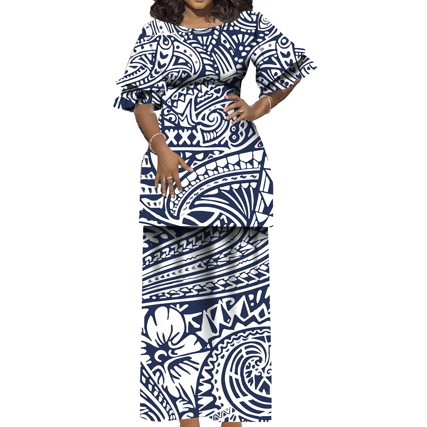 폴리네시안 프린트 캐주얼 루즈핏 원피스, 크루넥 반팔 원피스 세트 스커트, 더블 로터스 소매, 여름 커스텀 