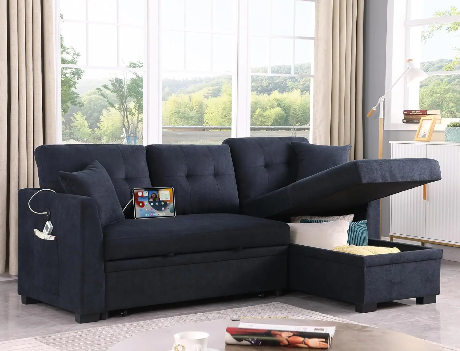 Convertible Pull Out Sleeper Sectional Sofa Couch Bed - L Shaped Corner Lounge Sofa with Dual USB Ports,Side Pockets image 4