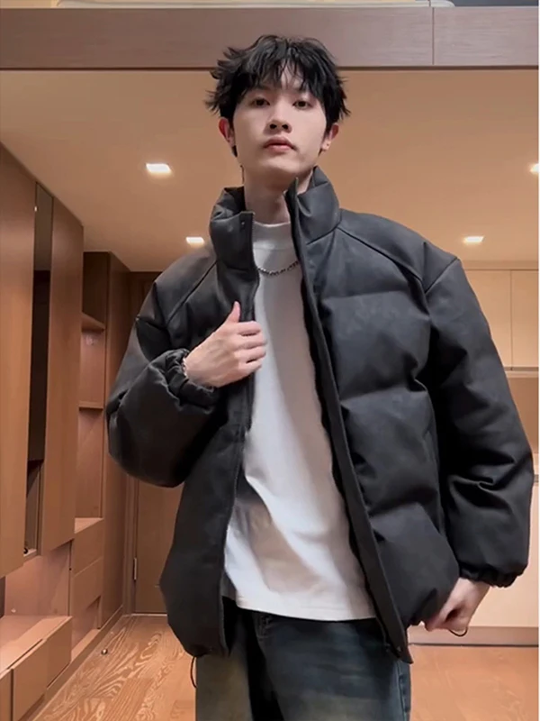 

Bla ort American Sle Stand Collar down Jaet Men's Winter Thiened Matte PU Leather Coat Waterproof Bread Sle Trendy